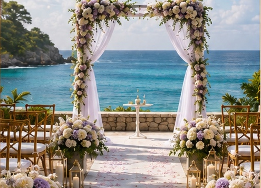 Destination ceremony overlooking blue water