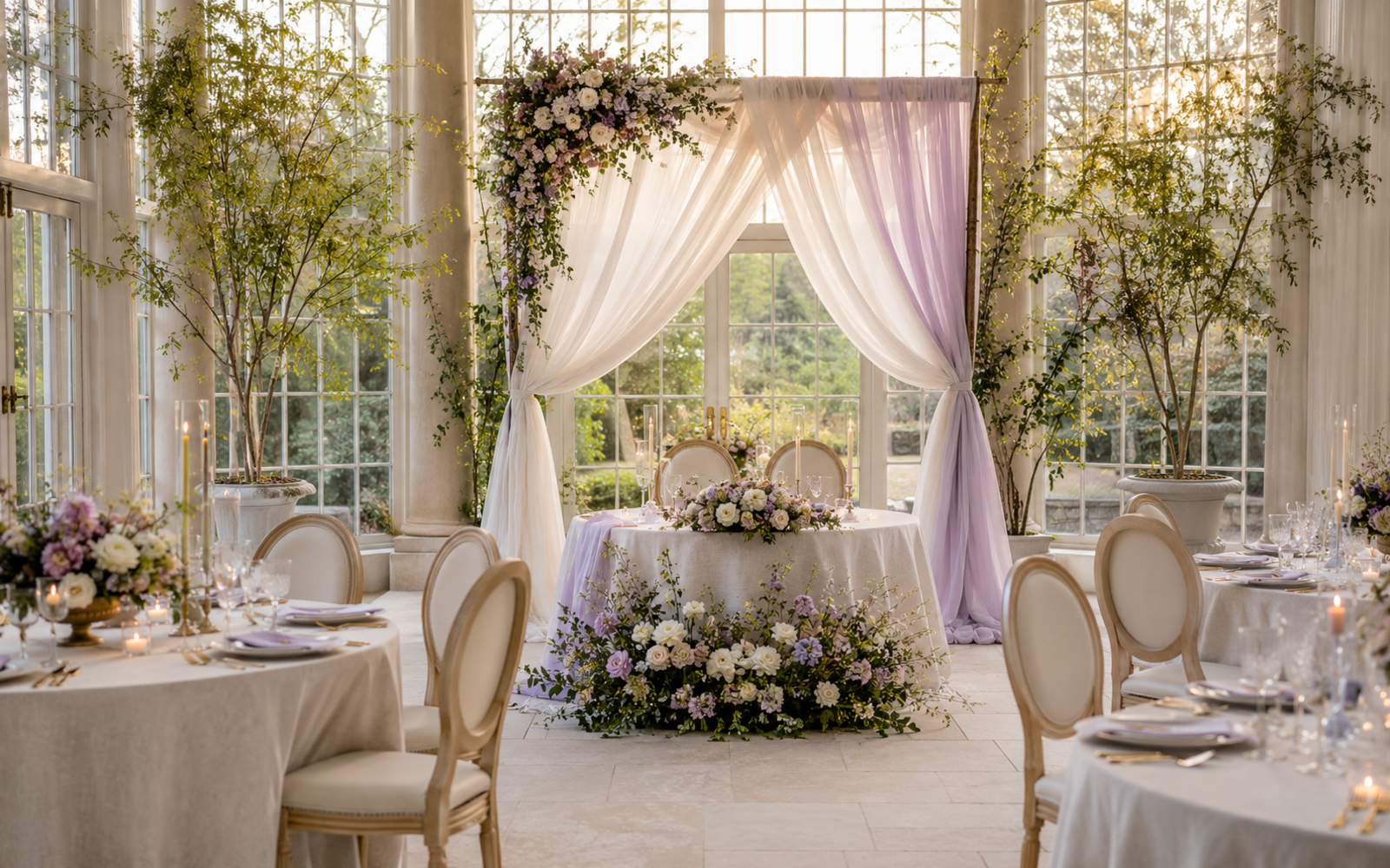 A softly styled wedding reception with floral centerpiece and draping