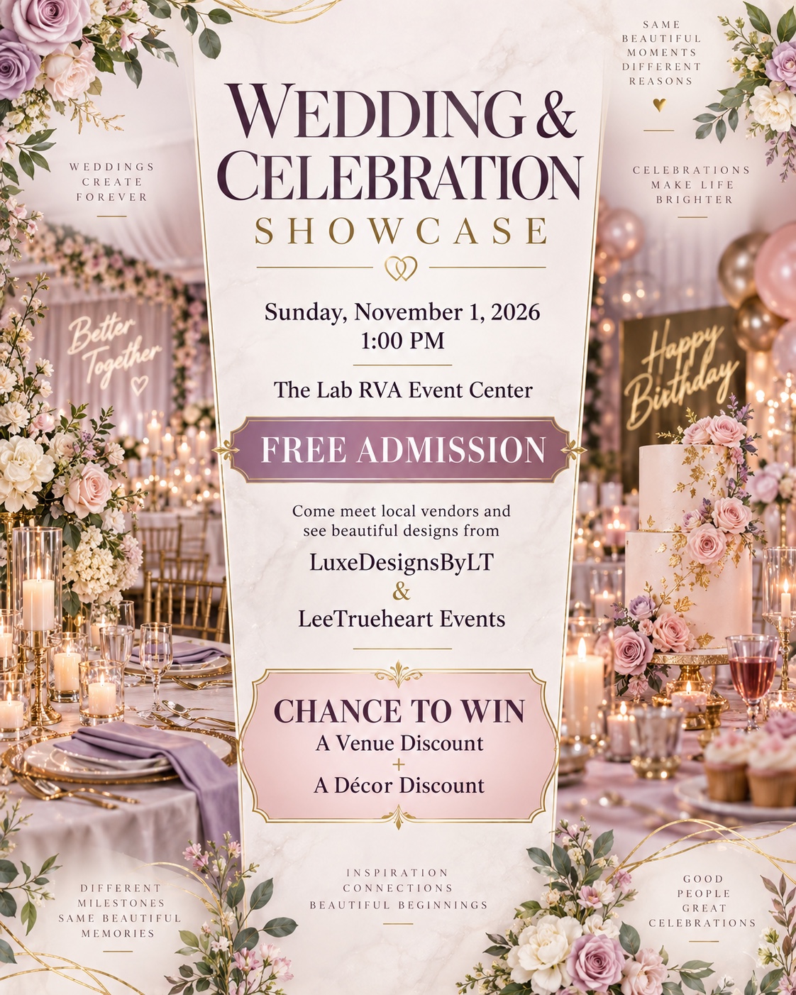 Wedding and Celebration Showcase flyer: November 1, 2026, 1 PM, The Lab RVA Event Center, free admission